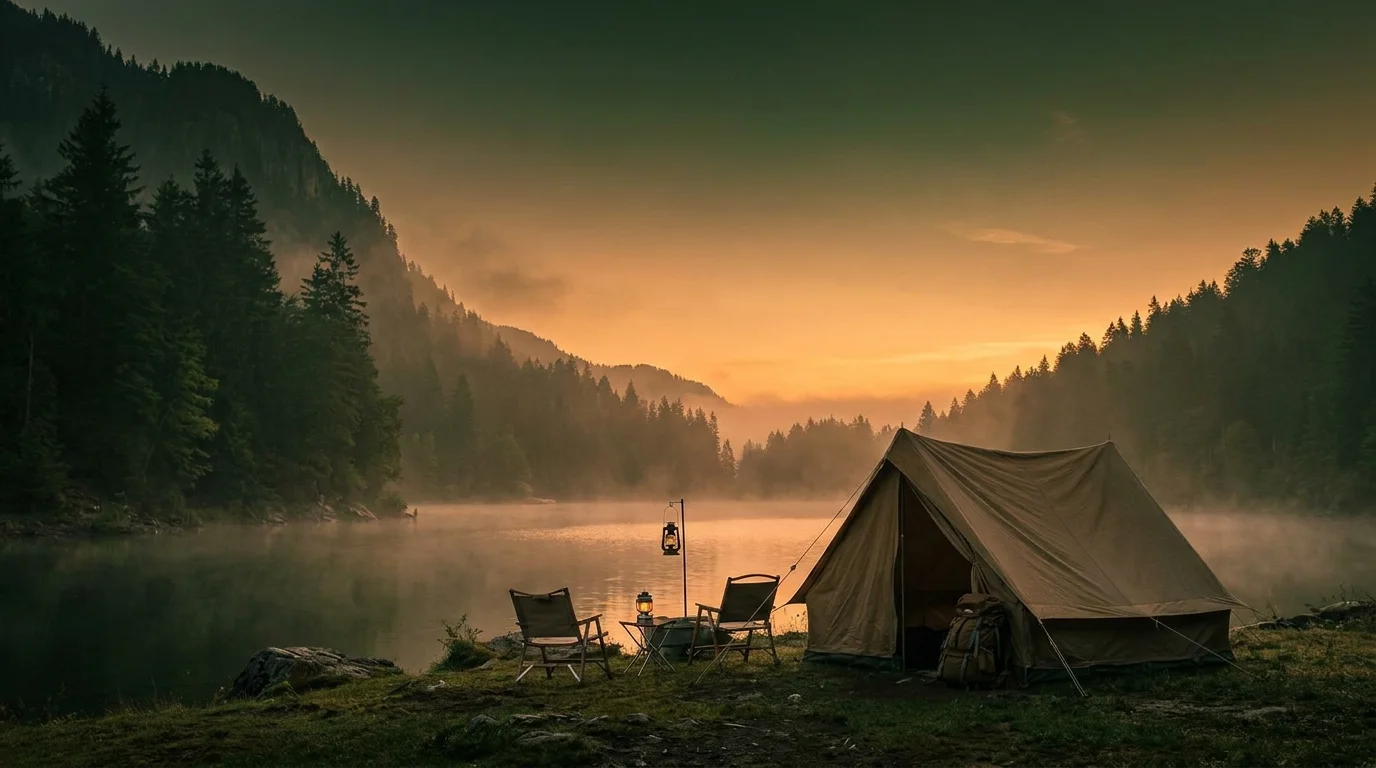 A tent pitched at a scenic campsite